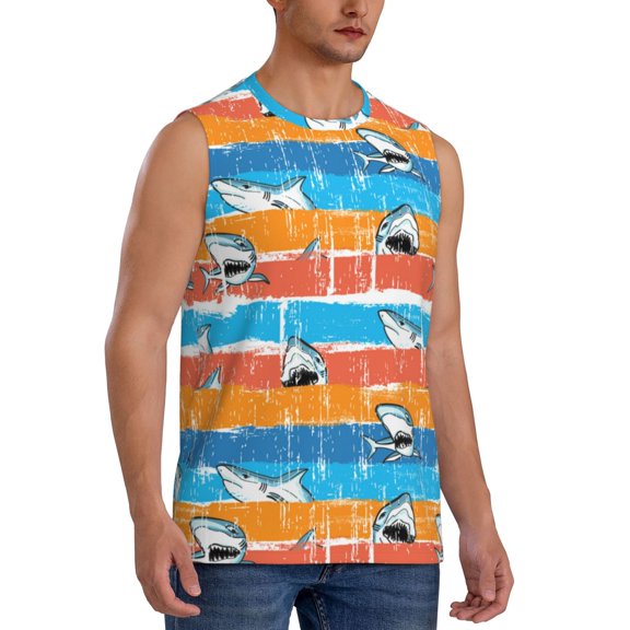 Fotbe Men's Shark On Line Print Men's Sleeveless Muscle Tank Tops Casual T-Shirts for Gym Workout Beach-3X-Large