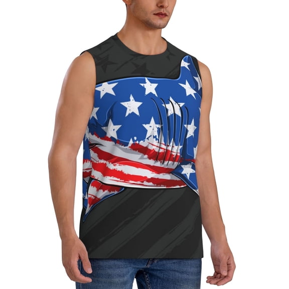 Fotbe Men's Shark With USA Flag Print Men's Sleeveless Muscle Tank Tops Casual T-Shirts for Gym Workout Beach-XX-Large