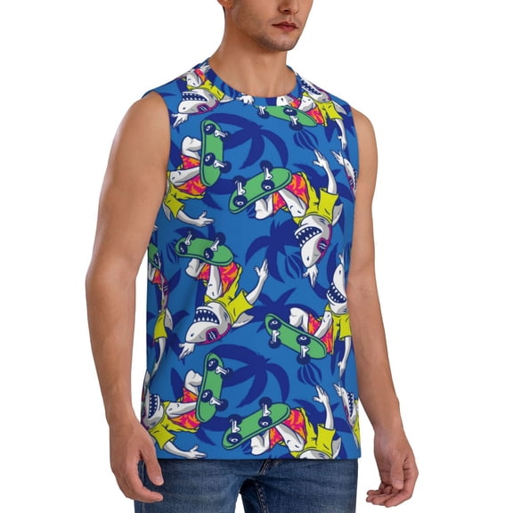Fotbe Men's Sharks Skateboarding With Palm Print Men's Sleeveless Muscle Tank Tops Casual T-Shirts for Gym Workout Beach-Large