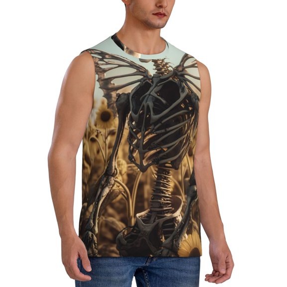 Fotbe Men's Skull Butterfly Sunflower Print Men's Sleeveless Muscle Tank Tops Casual T-Shirts for Gym Workout Beach-XX-Large