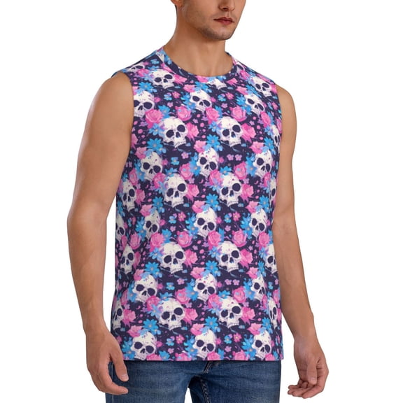 Fotbe Men's Skull Flower Blue Print Men's Sleeveless Muscle Tank Tops Casual T-Shirts for Gym Workout Beach-Medium