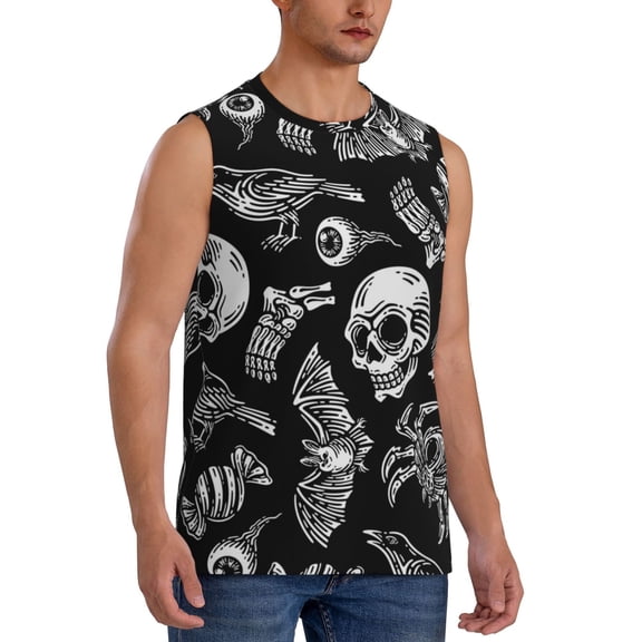 Fotbe Men's Skull bird bat spider Print Men's Sleeveless Muscle Tank Tops Casual T-Shirts for Gym Workout Beach-Small
