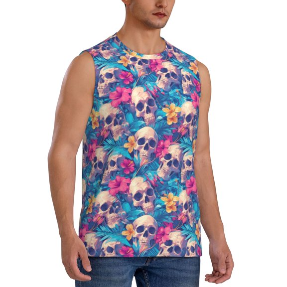 Fotbe Men's Skull blue leaf Print Men's Sleeveless Muscle Tank Tops Casual T-Shirts for Gym Workout Beach-X-Large