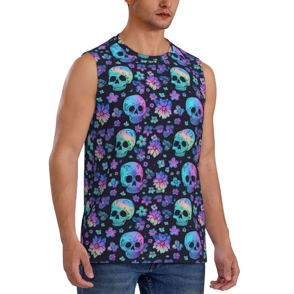 Fotbe Men's Skull flower cute Print Men's Sleeveless Muscle Tank Tops Casual T-Shirts for Gym Workout Beach-X-Large