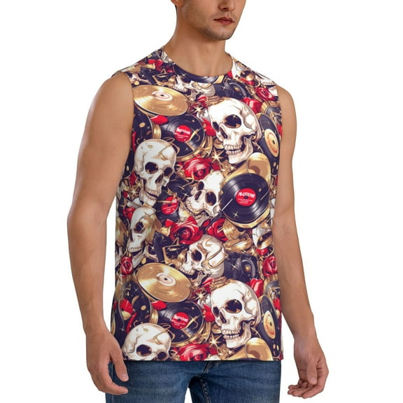 Fotbe Men's Skull record artist Print Men's Sleeveless Muscle Tank Tops Casual T-Shirts for Gym Workout Beach-XX-Large