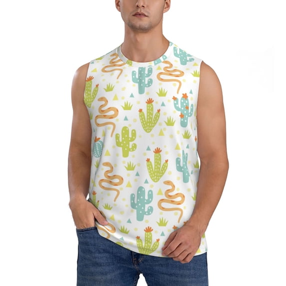 Fotbe Men's Snake And Cactus Print Men's Sleeveless Muscle Tank Tops Casual T-Shirts for Gym Workout Beach-Large