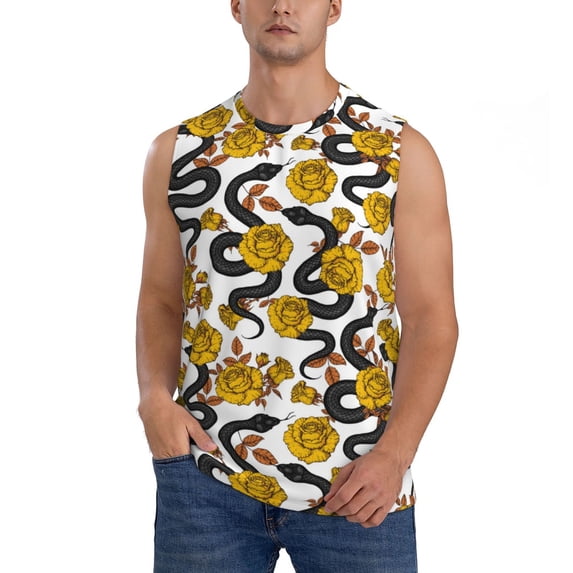 Fotbe Men's Snake And Rose Print Men's Sleeveless Muscle Tank Tops Casual T-Shirts for Gym Workout Beach-Large