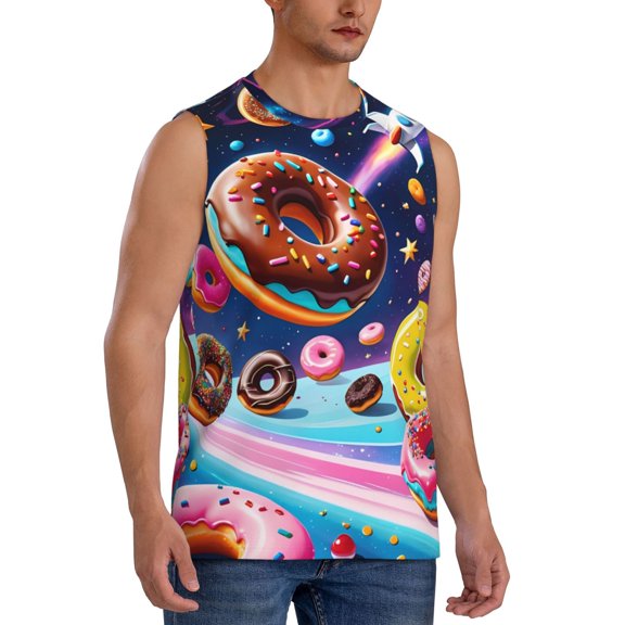 Fotbe Men's Space Colorful Donut Print Men's Sleeveless Muscle Tank Tops Casual T-Shirts for Gym Workout Beach-Small