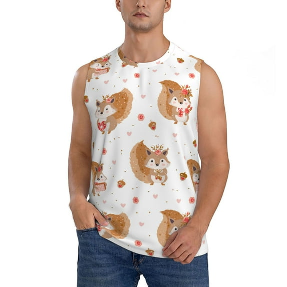 Fotbe Men's Squirrel Giving A Gift Print Men's Sleeveless Muscle Tank Tops Casual T-Shirts for Gym Workout Beach-3X-Large