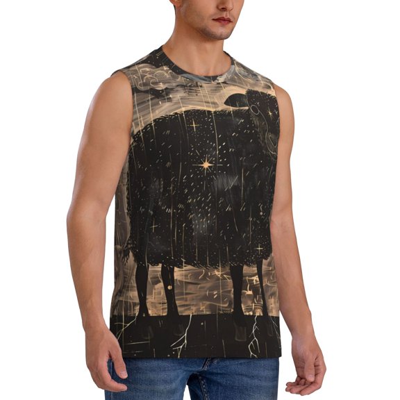 Fotbe Men's Starry Night Black Sheep Print Men's Sleeveless Muscle Tank Tops Casual T-Shirts for Gym Workout Beach-XX-Large