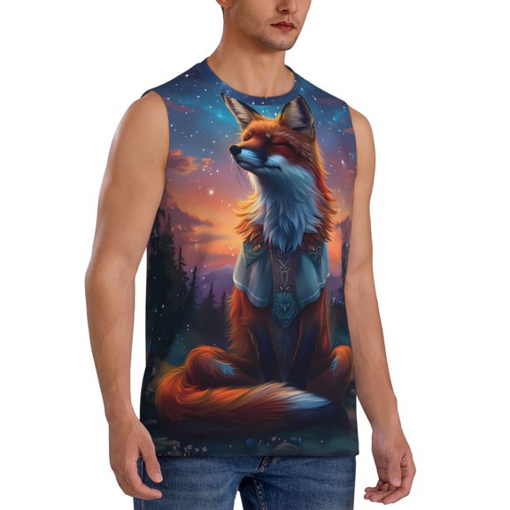 Fotbe Men's Starry Sky Meditating Fox Print Men's Sleeveless Muscle Tank Tops Casual T-Shirts for Gym Workout Beach-Medium
