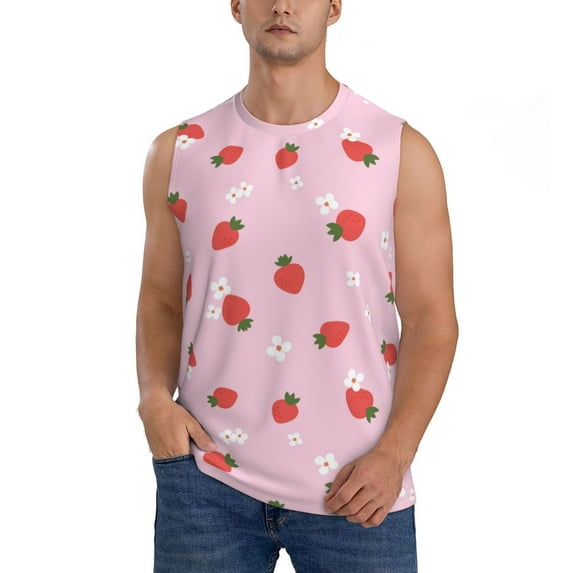Fotbe Men's Strawberry Floral Print Men's Sleeveless Muscle Tank Tops Casual T-Shirts for Gym Workout Beach-3X-Large