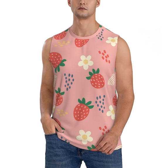 Fotbe Men's Strawberry Floral Print Men's Sleeveless Muscle Tank Tops Casual T-Shirts for Gym Workout Beach-Large