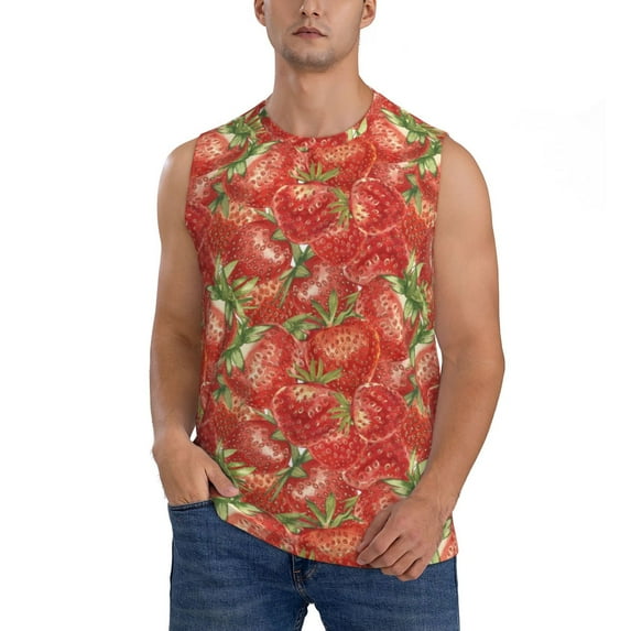Fotbe Men's Strawberry Print Men's Sleeveless Muscle Tank Tops Casual T-Shirts for Gym Workout Beach-Medium