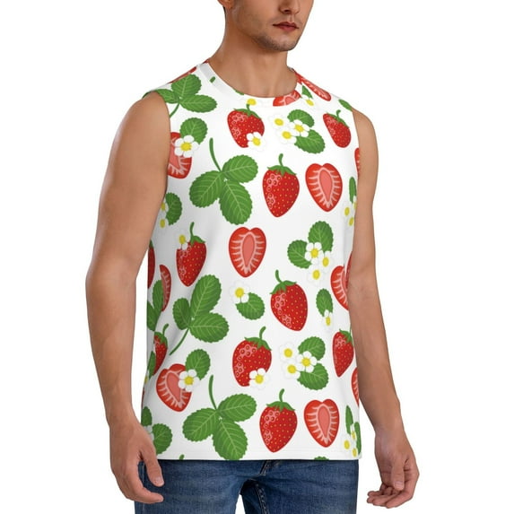 Fotbe Men's Strawberry Print Men's Sleeveless Muscle Tank Tops Casual T-Shirts for Gym Workout Beach-X-Large