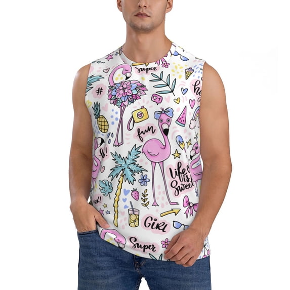 Fotbe Men's Summer with Flamingo Print Men's Sleeveless Muscle Tank Tops Casual T-Shirts for Gym Workout Beach-Small