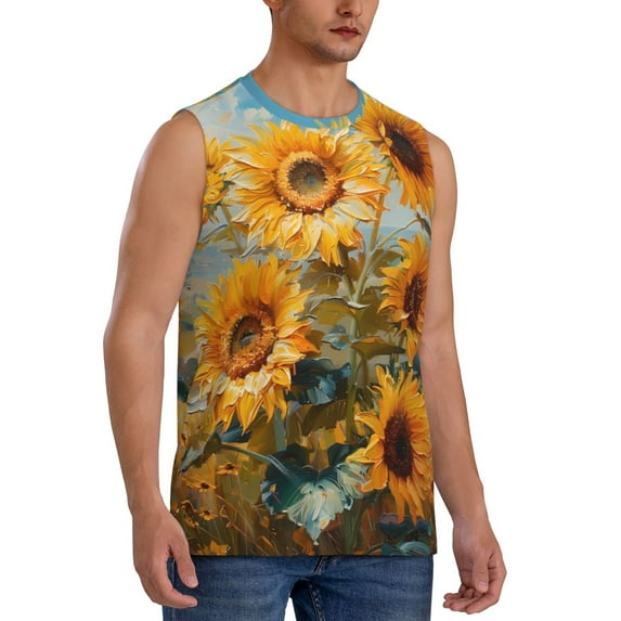 Fotbe Men's Sunflower Field Art Print Men's Sleeveless Muscle Tank Tops Casual T-Shirts for Gym Workout Beach-Small