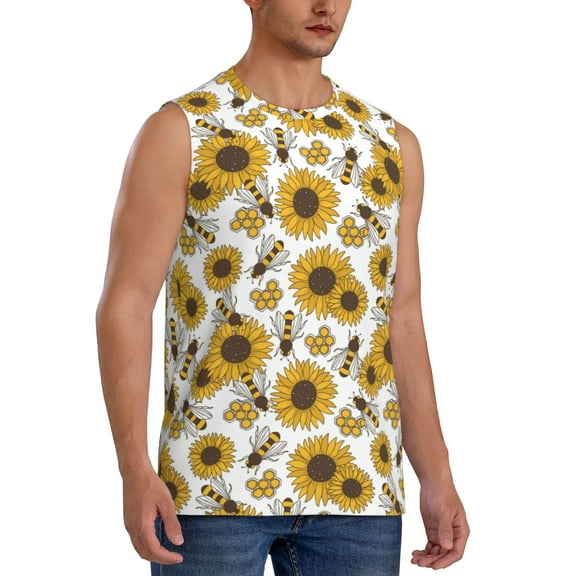 Fotbe Men's Sunflowers and Bees Print Men's Sleeveless Muscle Tank Tops Casual T-Shirts for Gym Workout Beach-Small