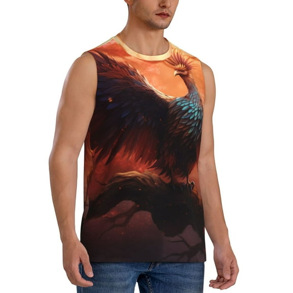 Fotbe Men's Sunset Blossoms Phoenix Perch Print Men's Sleeveless Muscle Tank Tops Casual T-Shirts for Gym Workout Beach-X-Large
