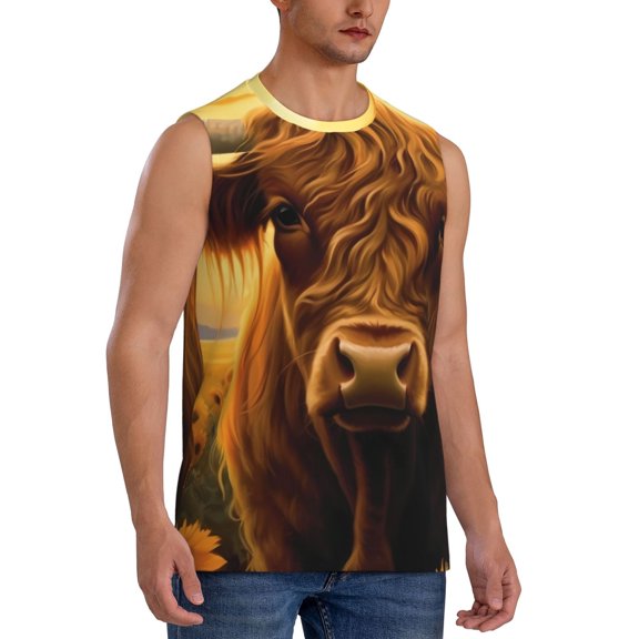Fotbe Men's Sunset Sunflower Cow A Print Men's Sleeveless Muscle Tank Tops Casual T-Shirts for Gym Workout Beach-X-Large
