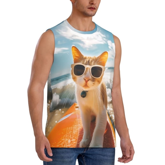 Fotbe Men's Surfing Cat Sun Print Men's Sleeveless Muscle Tank Tops Casual T-Shirts for Gym Workout Beach-Large