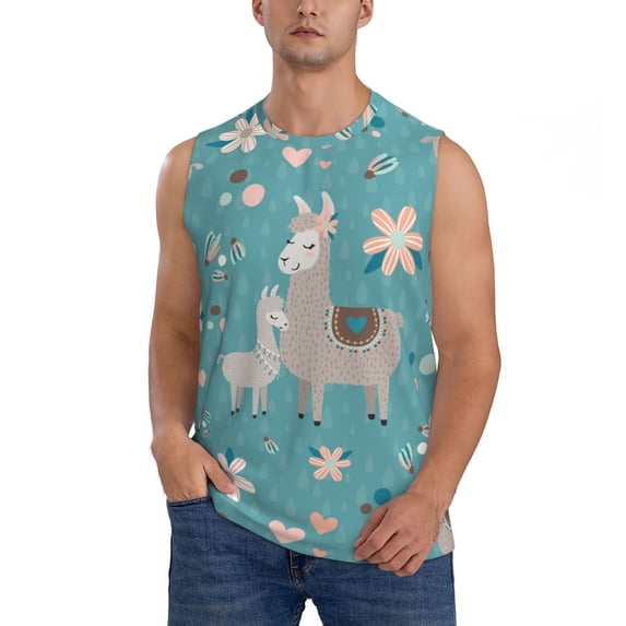 Fotbe Men's Teal Mama Llama Print Men's Sleeveless Muscle Tank Tops Casual T-Shirts for Gym Workout Beach-Small