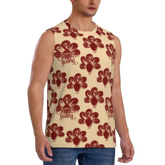 Fotbe Men's Thanksgiving Sketch Turkey Print Men's Sleeveless Muscle Tank Tops Casual T-Shirts for Gym Workout Beach-Small