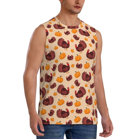 Fotbe Men's Thanksgiving Turkey and Pumpkin Print Men's Sleeveless Muscle Tank Tops Casual T-Shirts for Gym Workout Beach-3X-Large