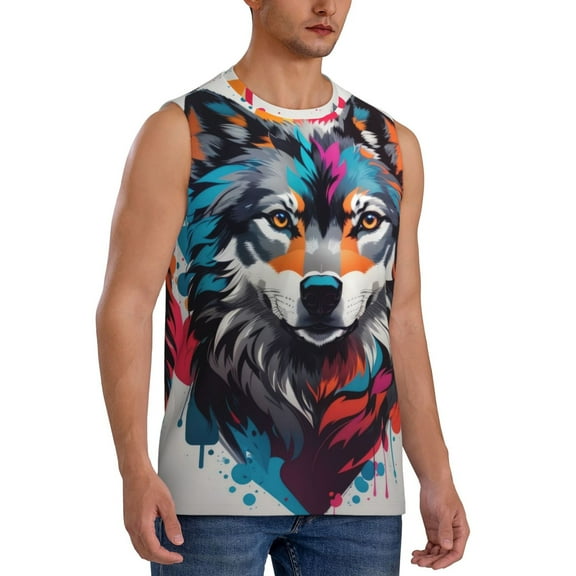 Fotbe Men's Tie-Dye Wolf Head Print Men's Sleeveless Muscle Tank Tops Casual T-Shirts for Gym Workout Beach-X-Large