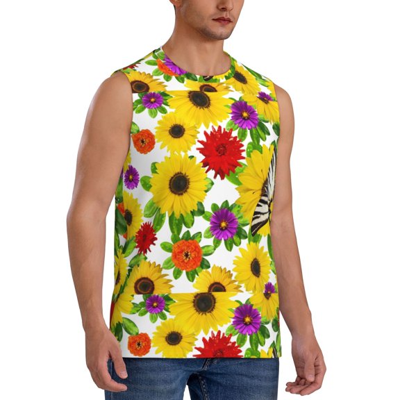 Fotbe Men's Tiger Swallowtail On Flowers Print Men's Sleeveless Muscle Tank Tops Casual T-Shirts for Gym Workout Beach-XX-Large