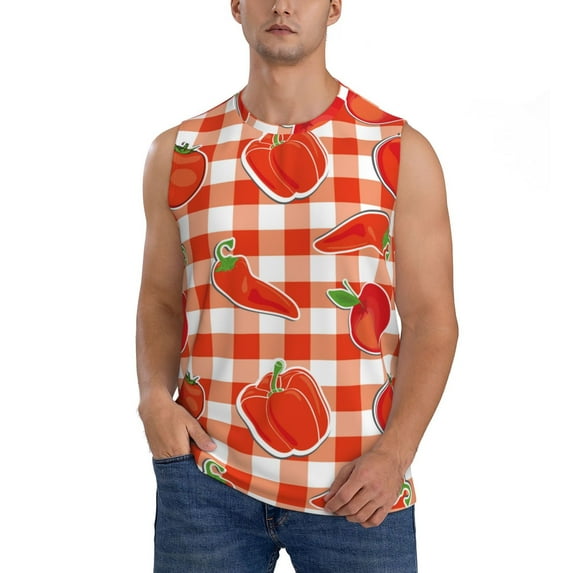 Fotbe Men's Tomatoes And Chili Print Men's Sleeveless Muscle Tank Tops Casual T-Shirts for Gym Workout Beach-Small