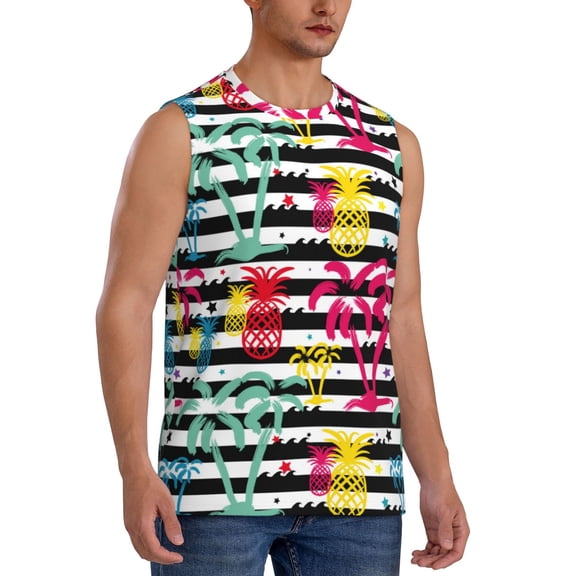 Fotbe Men's Trendy Colorful Pineapples Print Men's Sleeveless Muscle Tank Tops Casual T-Shirts for Gym Workout Beach-X-Large