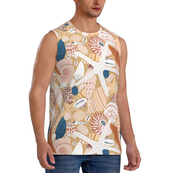Fotbe Men's Tropical Beach Sea Shell Print Men's Sleeveless Muscle Tank Tops Casual T-Shirts for Gym Workout Beach-Medium