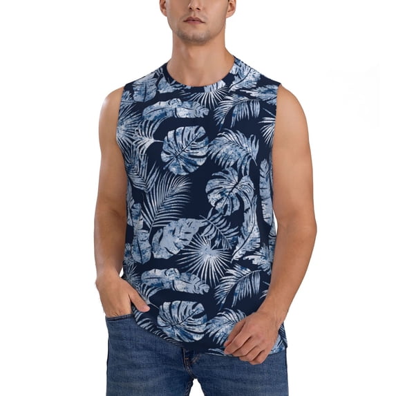 Fotbe Men's Tropical Leaves Print Men's Sleeveless Muscle Tank Tops Casual T-Shirts for Gym Workout Beach-Small