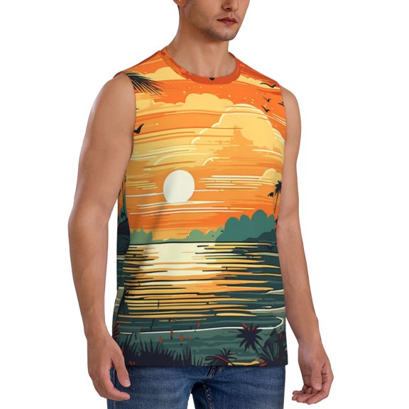 Fotbe Men's Tropical Sunset Paradise Print Men's Sleeveless Muscle Tank Tops Casual T-Shirts for Gym Workout Beach-X-Large