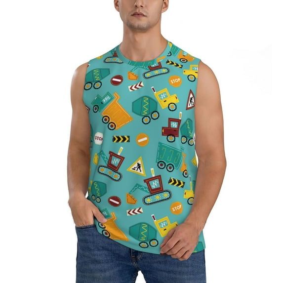 Fotbe Men's Trucks And Excavators Print Men's Sleeveless Muscle Tank Tops Casual T-Shirts for Gym Workout Beach-Medium