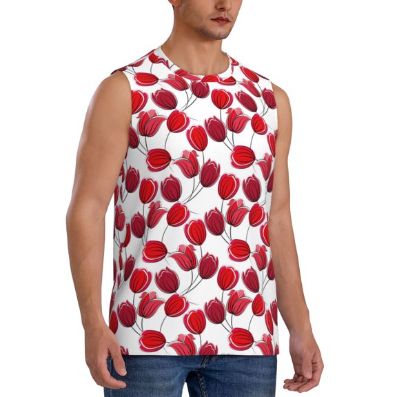 Fotbe Men's Tulips Flowers Print Men's Sleeveless Muscle Tank Tops Casual T-Shirts for Gym Workout Beach-Large