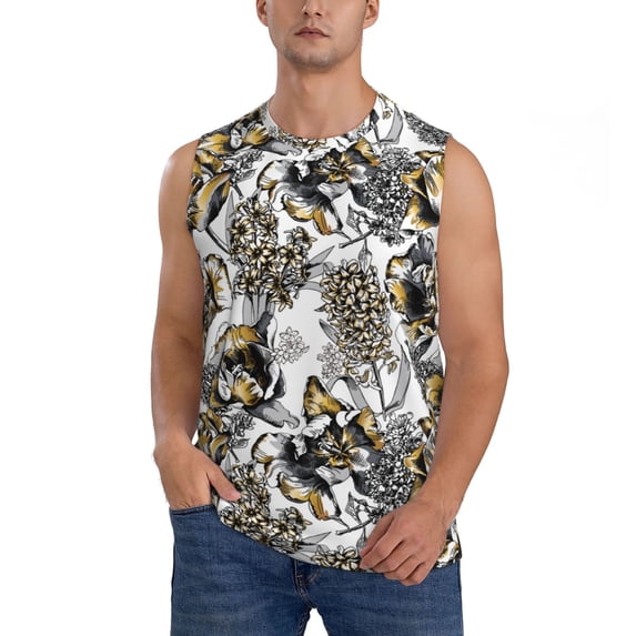 Fotbe Men's Tulips Flowers Print Men's Sleeveless Muscle Tank Tops Casual T-Shirts for Gym Workout Beach-XX-Large