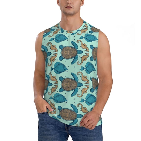 Fotbe Men's Turtles And Seahorses Print Men's Sleeveless Muscle Tank Tops Casual T-Shirts for Gym Workout Beach-Small
