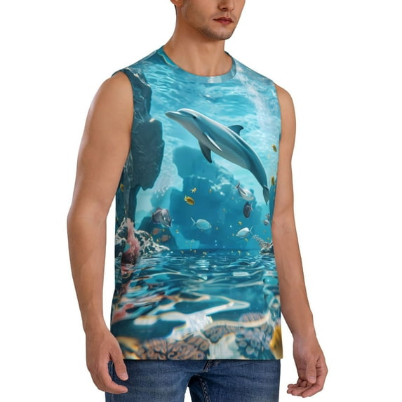 Fotbe Men's Underwater Dolphin Scene Print Men's Sleeveless Muscle Tank Tops Casual T-Shirts for Gym Workout Beach-Large