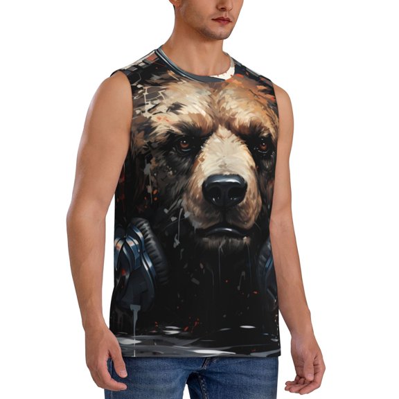 Fotbe Men's Urban Bear With Headphones Print Men's Sleeveless Muscle Tank Tops Casual T-Shirts for Gym Workout Beach-Large