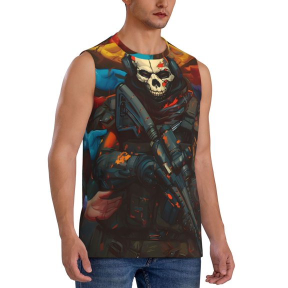 Fotbe Men's Vibrant Skull Soldier Print Men's Sleeveless Muscle Tank Tops Casual T-Shirts for Gym Workout Beach-3X-Large