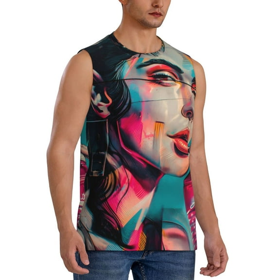 Fotbe Men's Vibrant Street Art Portrait Print Men's Sleeveless Muscle Tank Tops Casual T-Shirts for Gym Workout Beach-XX-Large