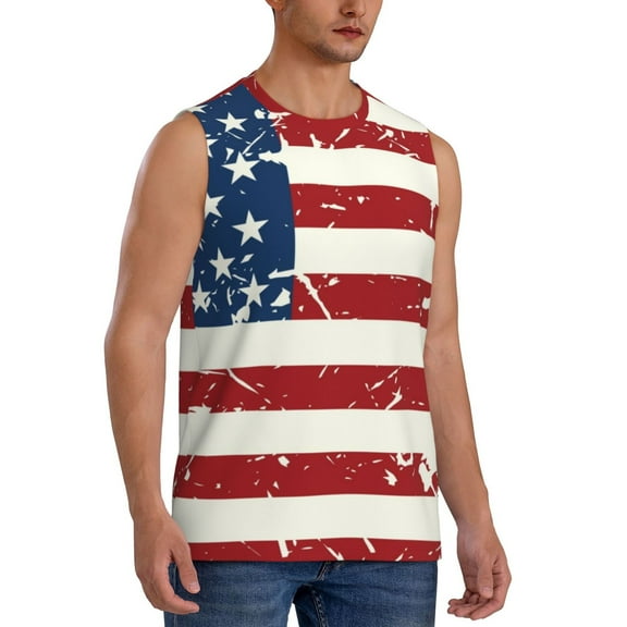 Fotbe Men's Vintage American Flag Print Men's Sleeveless Muscle Tank Tops Casual T-Shirts for Gym Workout Beach-3X-Large