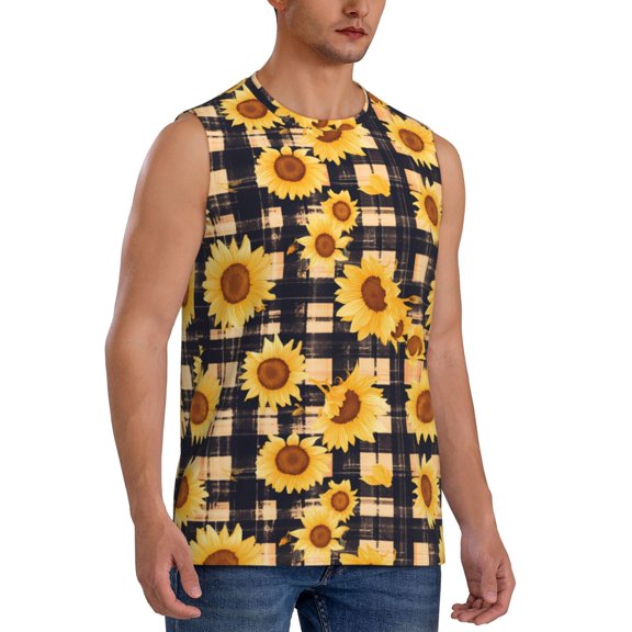 Fotbe Men's Vintage Black White Plaid Sunflowe Print Men's Sleeveless Muscle Tank Tops Casual T-Shirts for Gym Workout Beach-Small