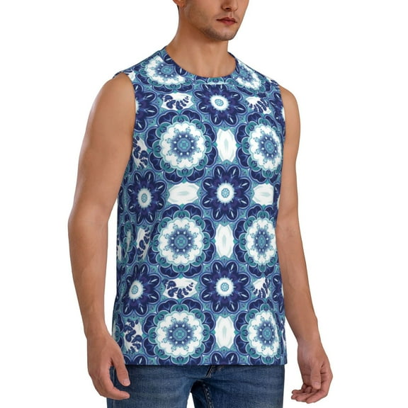 Fotbe Men's Vintage Blue Print Men's Sleeveless Muscle Tank Tops Casual T-Shirts for Gym Workout Beach-XX-Large
