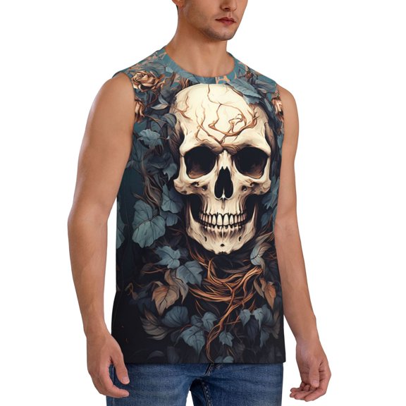 Fotbe Men's Vintage Leaf Flower Skull Print Men's Sleeveless Muscle Tank Tops Casual T-Shirts for Gym Workout Beach-X-Large