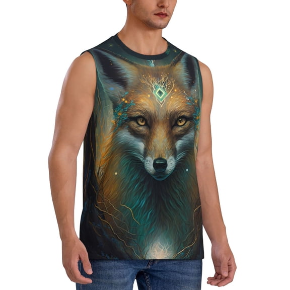 Fotbe Men's Vintage Pattern Fox Print Men's Sleeveless Muscle Tank Tops Casual T-Shirts for Gym Workout Beach-Large