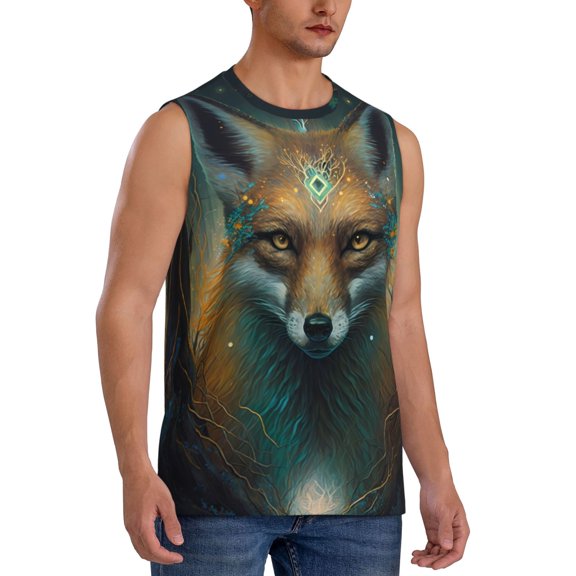 Fotbe Men's Vintage Pattern Fox Print Men's Sleeveless Muscle Tank Tops Casual T-Shirts for Gym Workout Beach-Small
