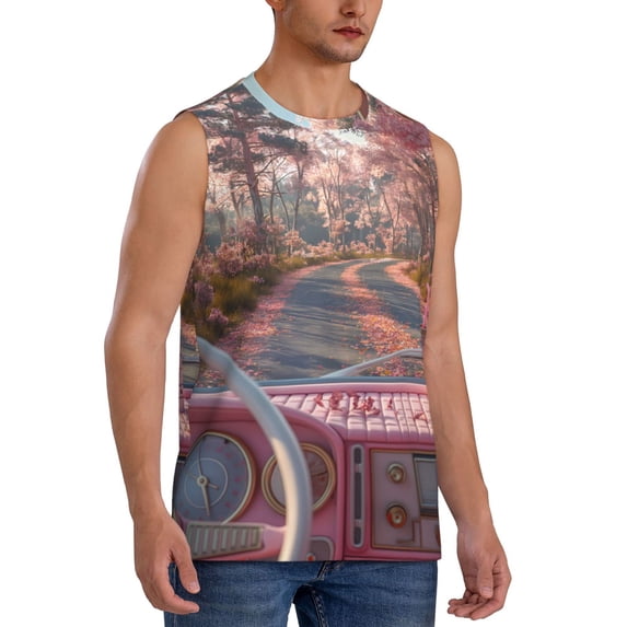 Fotbe Men's Vintage Pink Drive View Print Men's Sleeveless Muscle Tank Tops Casual T-Shirts for Gym Workout Beach-Small
